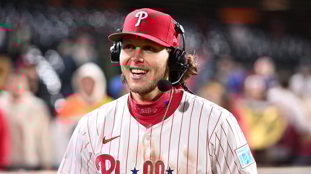 Apr 15, 2025; Philadelphia, Pennsylvania, USA; Philadelphia Phillies infielder Alec Bohm (28) reacts after the game against the San Francisco Giants at Citizens Bank Park. All players wore #42 for Jackie Robinson Day. Mandatory Credit: Kyle Ross-Imagn Images