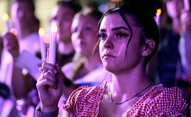 Tears stream down Alexa Maliwauki’s face as she attends a Vigil for Unity at the UCCU Center at Utah Valley University in Orem on Friday, Sept. 19, 2025. Charlie Kirk, conservative activist and the founder and president of Turning Point USA, was fatally shot while answering questions at his American Comeback Tour at UVU on Sept. 10.