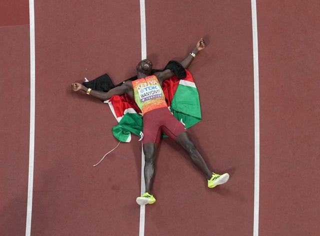 World Athletics Championships Tokyo 2025 - Men's 800m Final - Japan National Stadium, Tokyo, Japan - September 20, 2025 Kenya's Emmanuel Wanyonyi celebrates after winning the final REUTERS/Fabrizio Bensch