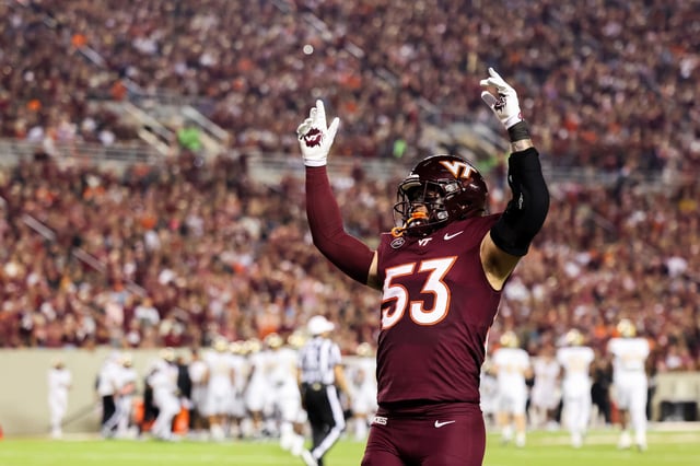 Will Johnson #53 of the Virginia Tech Hokies reacts during the game against the Vanderbilt Commodores at Lane Stadium on September 6, 2025 in Blacksburg, Virginia.