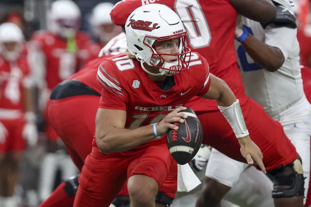 Anthony Colandrea #10 of the UNLV Rebels looks to pass during the first quarter of a game against the UCLA Bruins at Allegiant Stadium on September 06, 2025 in Las Vegas, Nevada.