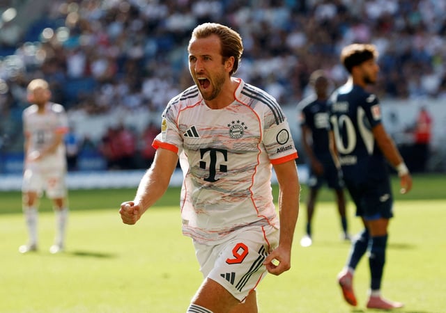 Soccer Football - Bundesliga - TSG 1899 Hoffenheim v Bayern Munich - PreZero Arena, Sinsheim, Germany - September 20, 2025 Bayern Munich's Harry Kane celebrates scoring their first goal REUTERS/Heiko Becker