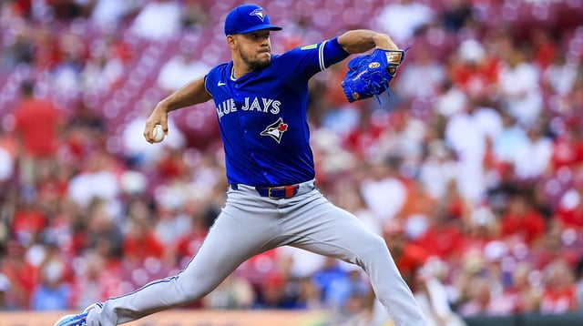 Sep 2, 2025; Cincinnati, Ohio, USA; Toronto Blue Jays starting pitcher Jose Berrios (17) pitches against the Cincinnati Reds in the first inning at Great American Ball Park. Mandatory Credit: Katie Stratman-Imagn Images.