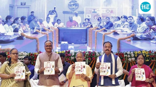 Uttar Pradesh chief minister Yogi Adityanath and other dignitaries at the launch of Mission 5.0 in Lucknow on Saturday. (PTI PHOTO)
