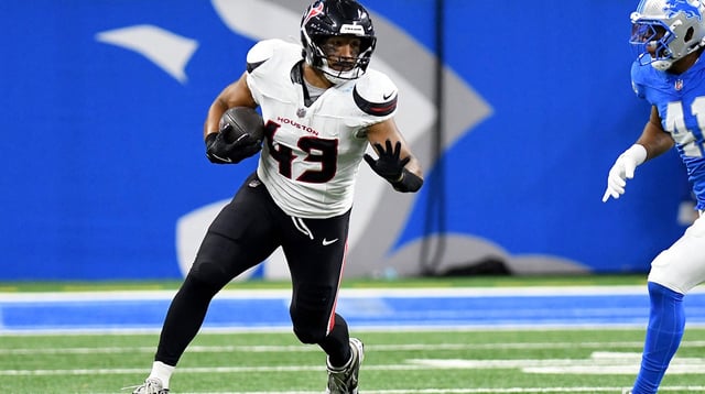 Aug 23, 2025; Detroit, Michigan, USA; Houston Texans fullback Jakob Johnson (43) runs with the ball against the Detroit Lions in the second quarter at Ford Field. Mandatory Credit: Eamon Horwedel-Imagn Images