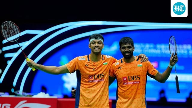 Satwiksairaj Rankireddy (R) and Chirag Shetty celebrate their win on Saturday. (Badminton Photo)
