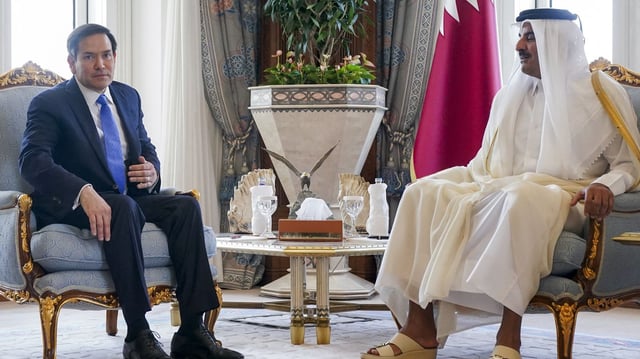 Secretary of State Marco Rubio meets with Qatar's Emir  Tamim bin Hamad al-Than in Doha on September 16. Photo: Nathan Howard/Pool via Getty