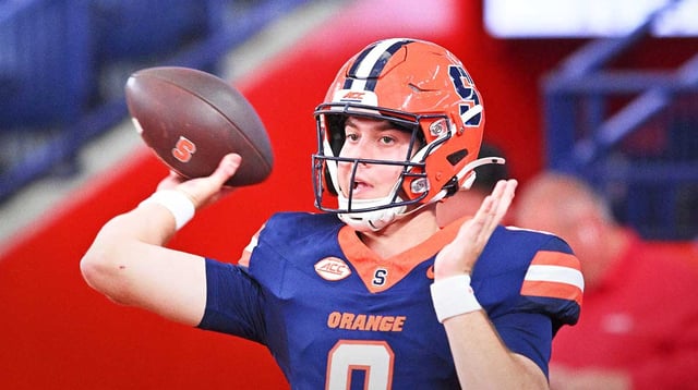Sep 12, 2025; Syracuse, New York, USA; Syracuse Orange quarterback Steve Angeli (9) warms up before a game against the Colgate Raiders at JMA Wireless Dome. Mandatory Credit: Mark Konezny-Imagn Images