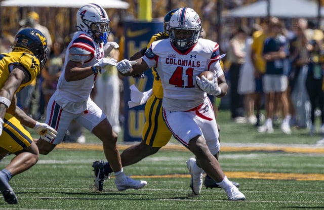 Ethan Shine #41 of the Robert Morris Colonials in action during a game against West Virginia Mountaineers in the third quarter at Milan Puskar Stadium on August 30, 2025 in Morgantown, West Virginia.