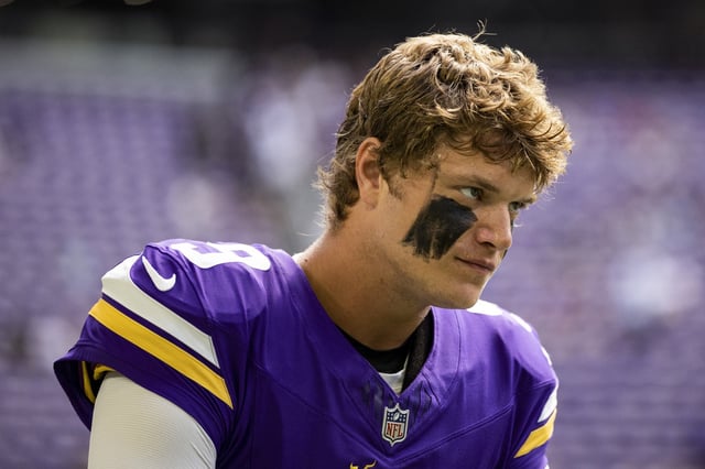 MINNEAPOLIS, MINNESOTA - AUGUST 9: Minnesota Vikings quarterback J.J. McCarthy #9 looks on prior to the NFL Preseason 2025 game between Houston Texans and Minnesota Vikings at U.S. Bank Stadium on August 9, 2025 in Minneapolis, Minnesota.