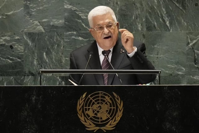 El presidente palestino Mahmud Abás se dirige a la 79.ª sesión de la Asamblea General de las Naciones Unidas, el 26 de septiembre de 2024, en la sede de la ONU. (Foto AP)
