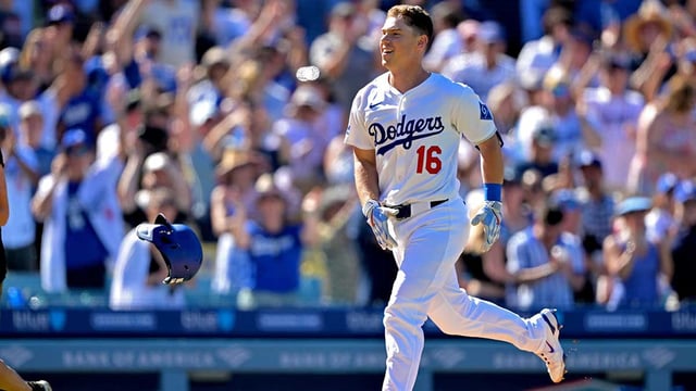 Aug 31, 2025; Los Angeles, California, USA; Los Angeles Dodgers catcher Will Smith (16) celebrates as he rounds the bases on a walk-off home run in the ninth inning against the Arizona Diamondbacks at Dodger Stadium. Mandatory Credit: Jayne Kamin-Oncea-Imagn Images