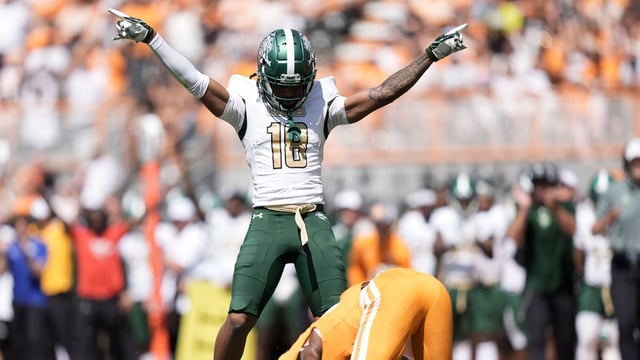 UAB cornerback Delvon Gulley (18) celebrates after breaking up a pass intended for Tennessee wide receiver Mike Matthews (4) during an NCAA college football game on September 20, 2025, in Knoxville, Tennessee.