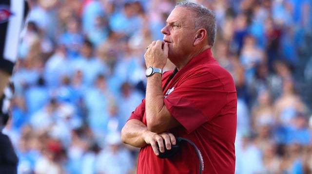 Sep 13, 2025; Oxford, Mississippi, USA; Arkansas Razorback head coach Sam Pittman looks on during the first quarter against the Mississippi Rebels at Vaught-Hemingway Stadium. Mandatory Credit: Petre Thomas-Imagn Images