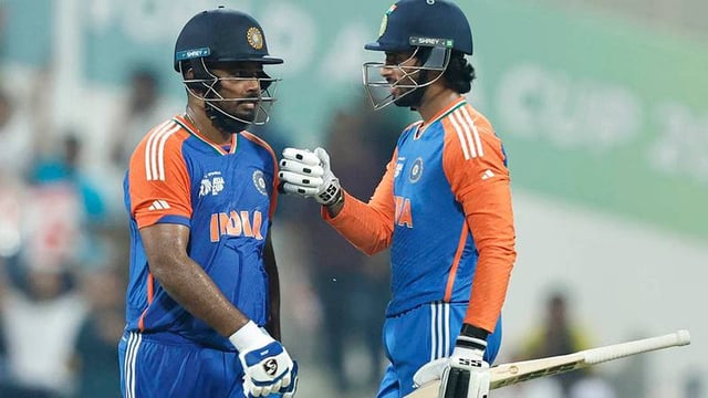 India’s Sanju Samson and Tilak Varma during the Asia Cup 2025 cricket match between India and Oman. (PTI)