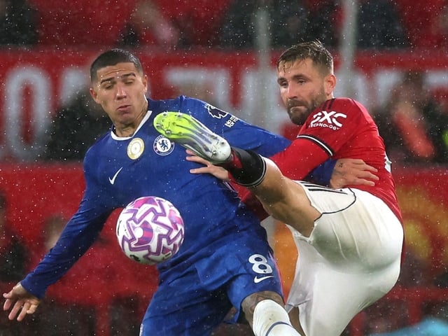 Soccer Football - Premier League - Manchester United v Chelsea - Old Trafford, Manchester, Britain - September 20, 2025
Chelsea's Enzo Fernandez in action with Manchester United's Luke Shaw REUTERS/Phil Noble EDITORIAL USE ONLY. NO USE WITH UNAUTHORIZED AUDIO, VIDEO, DATA, FIXTURE LISTS, CLUB/LEAGUE LOGOS OR 'LIVE' SERVICES. ONLINE IN-MATCH USE LIMITED TO 120 IMAGES, NO VIDEO EMULATION. NO USE IN BETTING, GAMES OR SINGLE CLUB/LEAGUE/PLAYER PUBLICATIONS. PLEASE CONTACT YOUR ACCOUNT REPRESENTATIVE FOR FURTHER DETAILS..