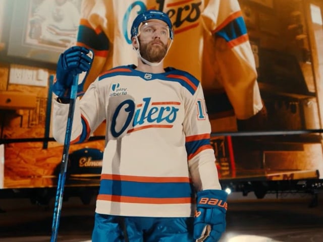 Edmonton Oilers defenceman Mattias Ekholm is seen in a screenshot of a promotional video for the team's new alternate jersey.