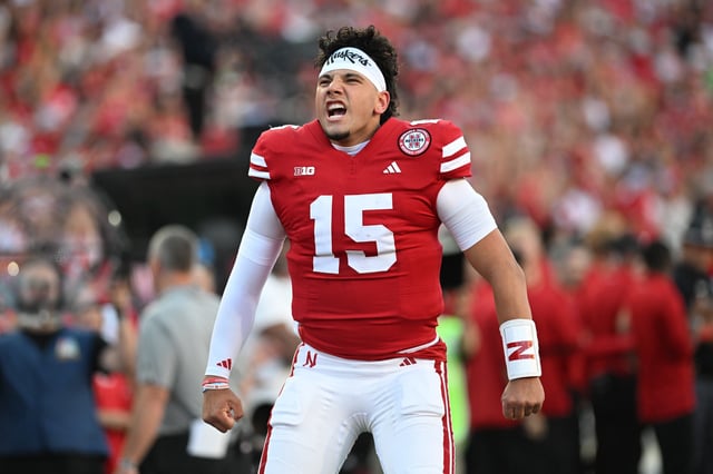 LINCOLN, NEBRASKA - SEPTEMBER 7: Dylan Raiola #15 of the Nebraska Cornhuskers warms up before the game against the Colorado Buffaloes at Memorial Stadium on September 7, 2024 in Lincoln, Nebraska.