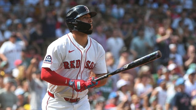 Aug 17, 2025; Boston, Massachusetts, USA; Boston Red Sox right fielder Wilyer Abreu (52) hits a two run home run during the fourth inning against the Miami Marlins at Fenway Park. Mandatory Credit: Bob DeChiara-Imagn Images
