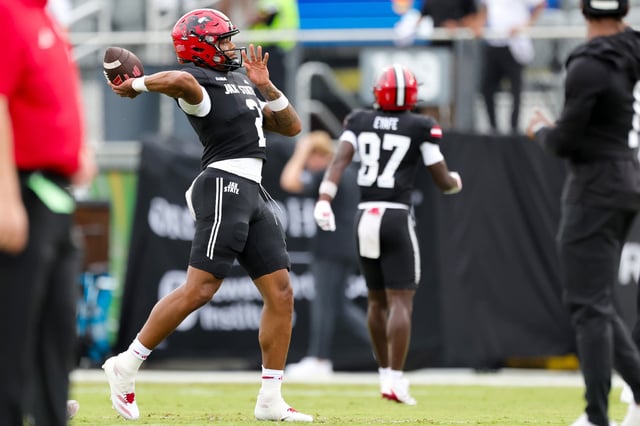 Gavin Wimsatt #2 of the Jacksonville State Gamecocks warms up before the game between the UCF Knights and Jacksonville State Gamecock at FBC Mortgage Stadium on August 28, 2025 in Orlando, Florida.