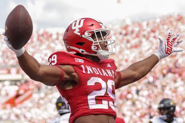 Lee Beebe Jr. #29 of the Indiana Hoosiers reacts after a touchdown during the NCAA game between the Indiana Hoosiers and Kennesaw State Owls at Memorial Stadium on September 6, 2025 in Bloomington, Indiana.
