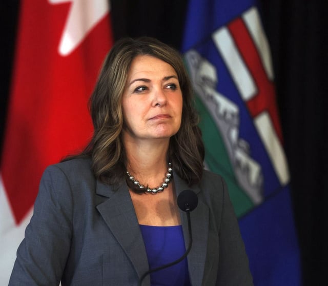 Premier Danielle Smith during a press conference in Calgary on Friday, May 16, 2025.