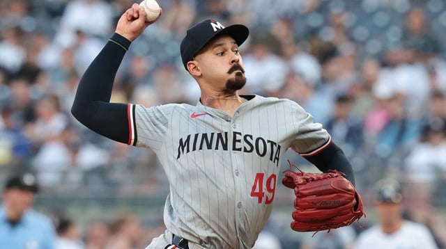 Jun 6, 2024; Bronx, New York, USA; Minnesota Twins starting pitcher Pablo Lopez (49) delivers a pitch during the first inning against the New York Yankees at Yankee Stadium. Mandatory Credit: Vincent Carchietta-USA TODAY Sports