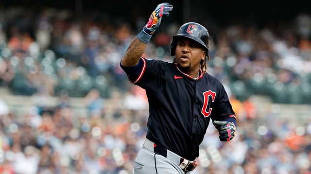 Sep 18, 2025; Detroit, Michigan, USA; Cleveland Guardians third base Jose Ramirez (11) celebrates after he hits a two run home run in the seventh inning against the Detroit Tigers at Comerica Park. Mandatory Credit: Rick Osentoski-Imagn Images