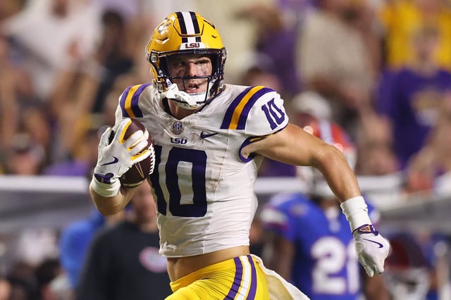 Bauer Sharp #10 of the LSU Tigers runs for a first down against the Florida Gators at Tiger Stadium on September 13, 2025 in Baton Rouge, Louisiana.
