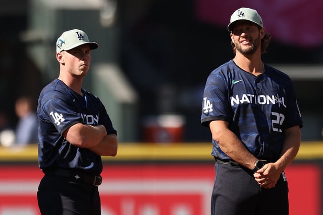 Will Smith and Clayton Kershaw #22 of the Los Angeles Dodgers look on prior to the 93rd MLB All-Star Game presented by Mastercard at T-Mobile Park on July 11, 2023 in Seattle, Washington.