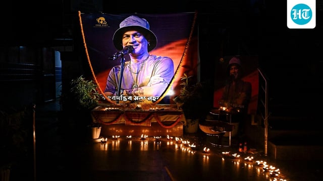 Diyas lit around a portrait of singer Zubeen Garg, in Guwahati, Assam, Garg, best known for his 'Ya Ali' song, died in Singapore on Friday, while swimming in the sea without a life jacket. 