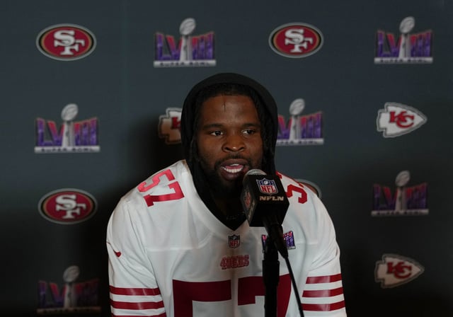 Feb 8, 2024; Las Vegas, NV, USA; San Francisco 49ers linebacker Dre Greenlaw (57) during a press conference before Super Bowl LVIII at Hilton Lake Las Vegas Resort and Spa. Mandatory Credit: Kyle Terada-USA TODAY Sports/File Photo