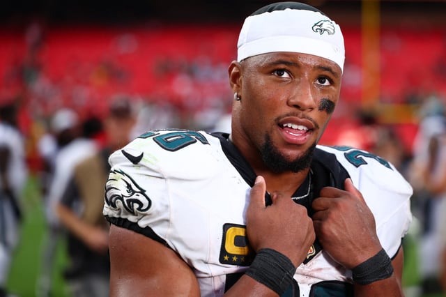 Saquon Barkley #26 of the Philadelphia Eagles is interviewed after the game against the Kansas City Chiefs at Arrowhead Stadium on September 14, 2025 in Kansas City, Missouri.