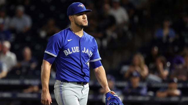 Sep 16, 2025; St. Petersburg, Florida, USA; Toronto Blue Jays starting pitcher Jose Berrios (17) walks to the dugout after he pitched the fourth inning against the Tampa Bay Rays at George M. Steinbrenner Field. Mandatory Credit: Kim Klement Neitzel-Imagn Images