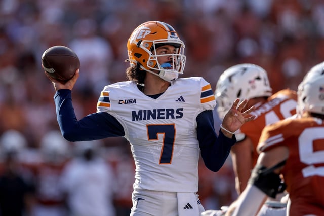 Malachi Nelson #7 of the UTEP Miners throws a pass in the second half against the Texas Longhorns at Darrell K Royal-Texas Memorial Stadium on September 13, 2025 in Austin, Texas.