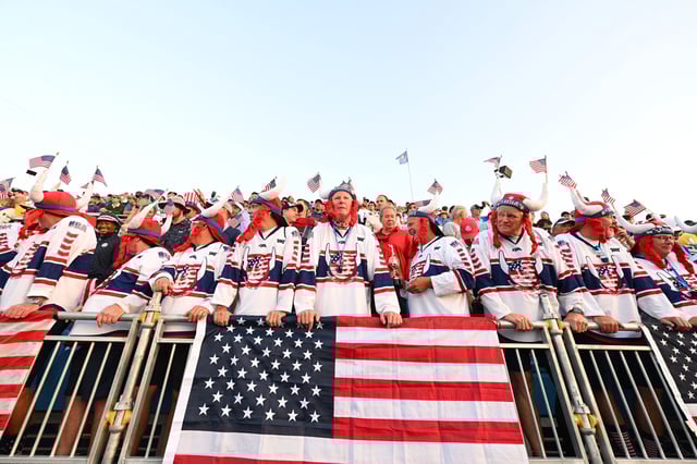 ROME, ITALY - SEPTEMBER 29: Fans of Team United States react during the Friday morning foursomes matches of the 2023 Ryder Cup at Marco Simone Golf Club on September 29, 2023 in Rome, Italy. (Photo by Alex Burstow/Getty Images)