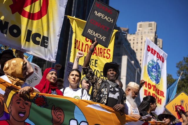 Protestors march through Manhattan up to Central Park at the "Make Billionaires Pay" climate protest, Saturday, Sept. 20, 2025, in New York.