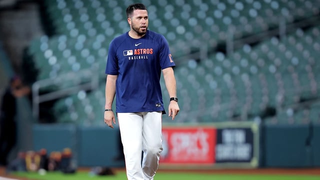 Sep 1, 2025; Houston, Texas, USA; Houston Astros catcher Victor Caratini (17) prior to the game against the Los Angeles Angels at Daikin Park. Mandatory Credit: Erik Williams-Imagn Images