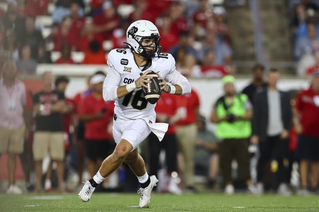 Ryan Staub #16 of the Colorado Buffaloes rolls out to throw a pass during the first half against the Houston Cougars at TDECU Stadium on September 12, 2025 in Houston, Texas.