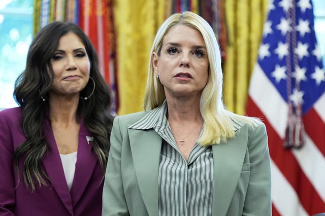 Attorney General Pam Bondi, right, and Homeland Security Secretary Kristi Noem listen as President Donald Trump speaks in the Oval Office of the White House, Monday, Sept. 15, 2025, in Washington.