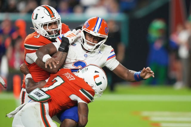 Florida quarterback DJ Lagway (2) is pressured by Miami defensive lineman Akheem Mesidor, left, and defensive back Akheem Mesidor (7) during the first half of an NCAA college football game, Saturday, Sept. 20, 2025, in Miami Gardens, Fla. (AP Photo/Lynne Sladky)