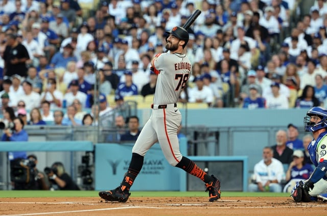 LOS ANGELES, CALIFORNIA – SEPTEMBER 20: Bryce Eldridge #78 of the San Francisco Giants hits his first Major League Baseball hit, a three-run double, against starting pitcher Tyler Glasnow #31 of the Los Angeles Dodgers during the first inning at Dodger Stadium on September 20, 2025 in Los Angeles, California. (Photo by Kevork Djansezian/Getty Images)