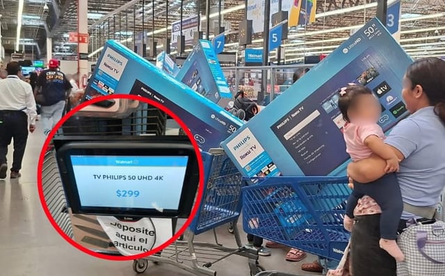 Caos en Walmart por error de precio: televisores de 50 pulgadas marcaban 299 pesos y clientes exigían llevárselos. / Imágenes tomadas de X (@michangoonga - @ZonaRoja_Oaxaca).
