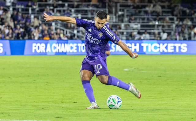 Orlando City midfielder Martín Ojeda (10) kicks the ball during the regular season home opener for Orlando City against the Philadelphia Union at the Inter & Co Stadium in Orlando, Fla., Saturday, Feb. 22, 2025. (Willie J. Allen Jr./Orlando Sentinel)