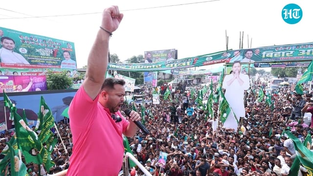 Leader of Opposition in Bihar assembly and RJD leader Tejashwi Yadav during Bihar Adhikar Yatra at Sarairanjan in Samastipur on Saturday. 