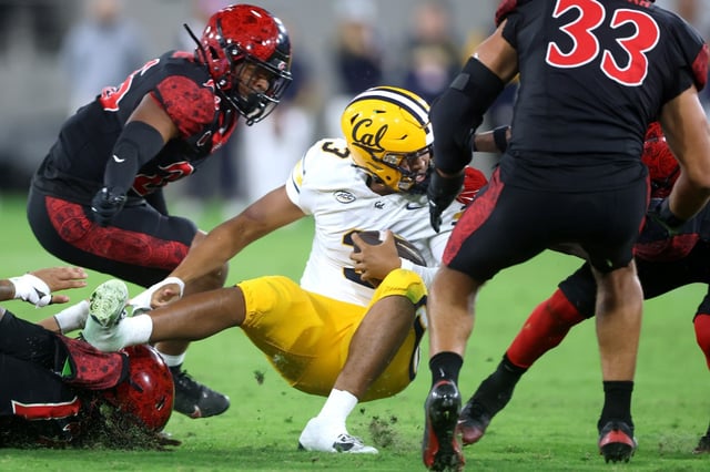 Jaron-Keawe Sagapolutele #3 of the California Golden Bears is gang tackled by the San Diego State Aztecs defense during the first half of a game at Snapdragon Stadium on Sept. 20, 2025 in San Diego, California.  (Photo by Sean M. Haffey/Getty Images)