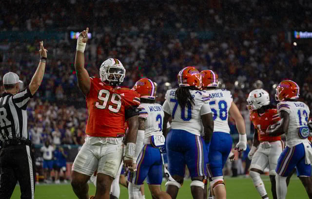 Assistant Photo Editor Brian Mulvey // Redshirt junior defensive Ahmad Moten Sr. celebrates after getting a tackle against the Florida Gators on Sept. 20, 2025