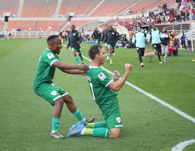Bradley Grobler of Sekhukhune United celebrates goal with teammate Keletso Makgalwa during the Betway Premiership 2025/26 match against Golden Arrows at Peter Mokaba Stadium in Polokwane on Saturday. Photo: ©Samuel Shivambu/BackpagePix