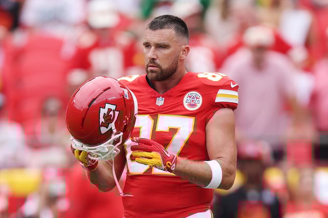 Travis Kelce of the Kansas City Chiefs warms up prior to the game against the Philadelphia Eagles at Arrowhead Stadium on Sept. 14, 2025 in Kansas City, Mo.