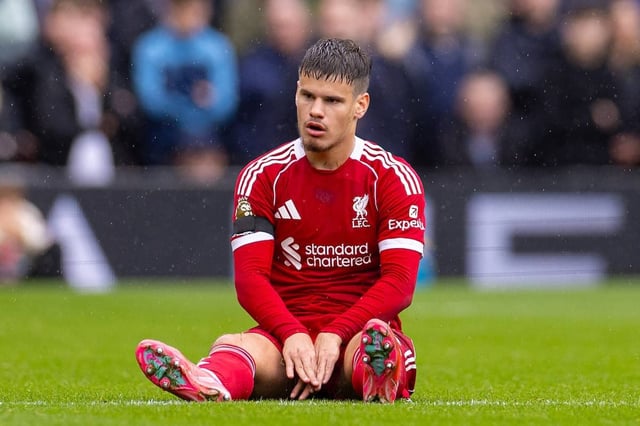LIVERPOOL, ENGLAND - Saturday, September 20, 2025: Liverpool's Milos Kerkez on the floor following a foul during the FA Premier League match between Liverpool FC and Everton FC at Anfield. The 247th Merseyside Derby. (Photo by David Rawcliffe/Propaganda)